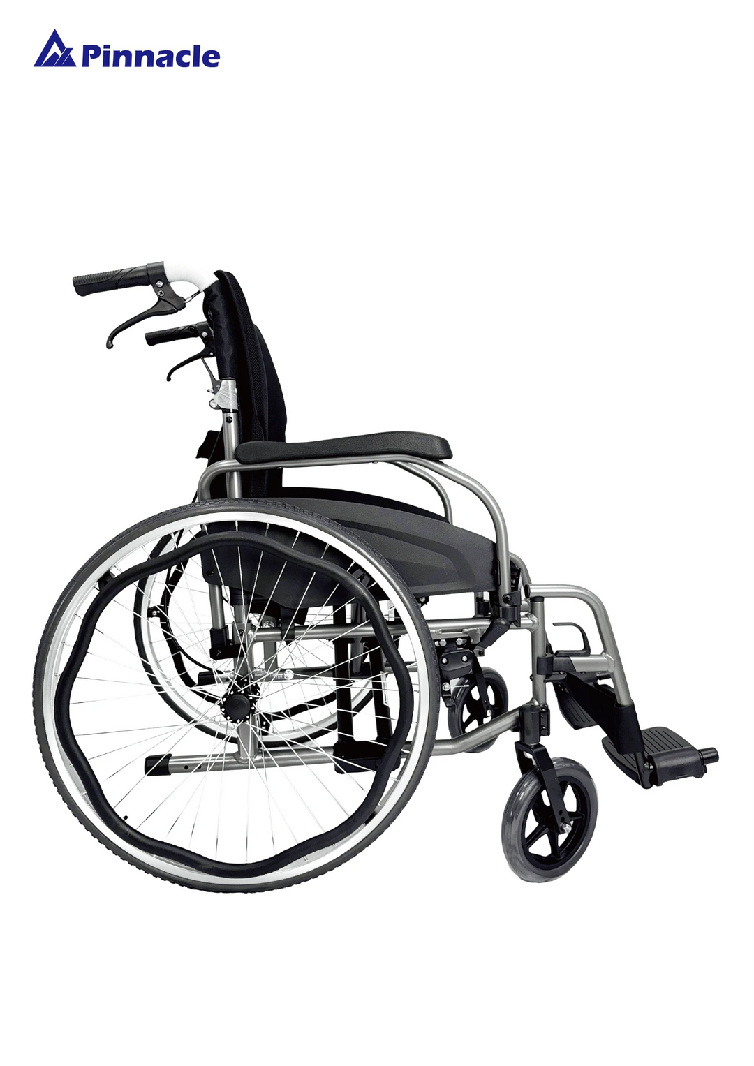 Pinnacle ErgoMotion self-propelling wheelchair with ergonomic design and adjustable features, set against a neutral background.