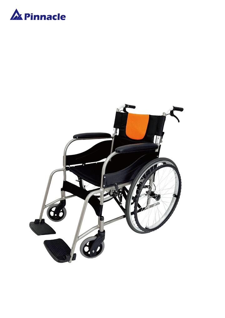 Pinnacle ErgoMove self-propelling wheelchair with ergonomic design and durable wheels, shown in a spacious outdoor setting.