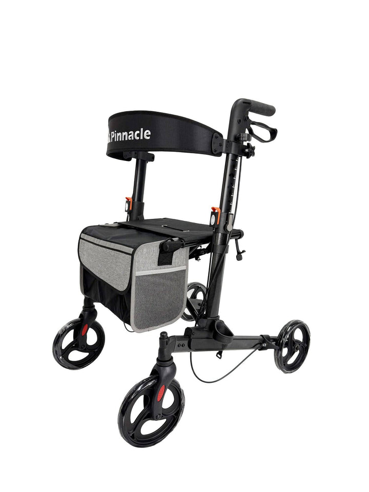 Black Pinnacle Steadystep double fold rollator with ergonomic handles and wheels for mobility support.