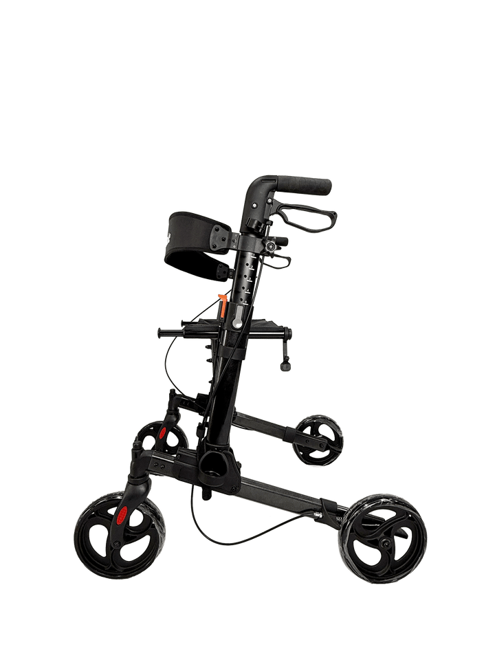 Pinnacle Steadystep double fold rollator in black, showcasing its sturdy frame and ergonomic handles for mobility support.
