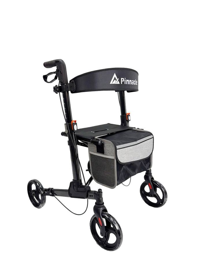 Pinnacle Steadystep double fold rollator in black with ergonomic handles and sturdy frame for mobility support.