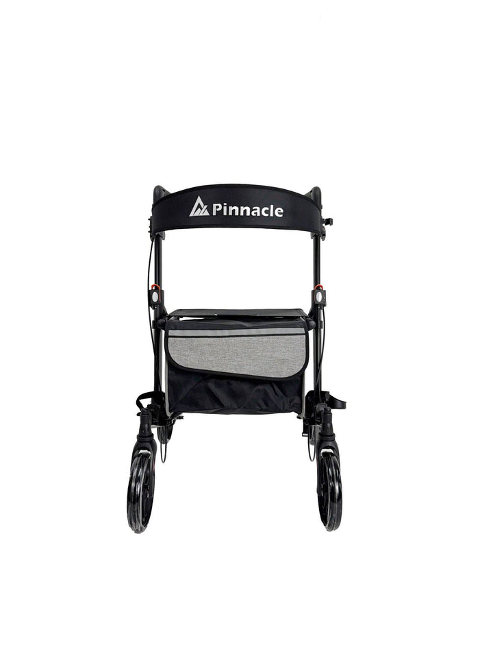 Pinnacle Steadystep double fold rollator in black with ergonomic handles and sturdy wheels for mobility support.