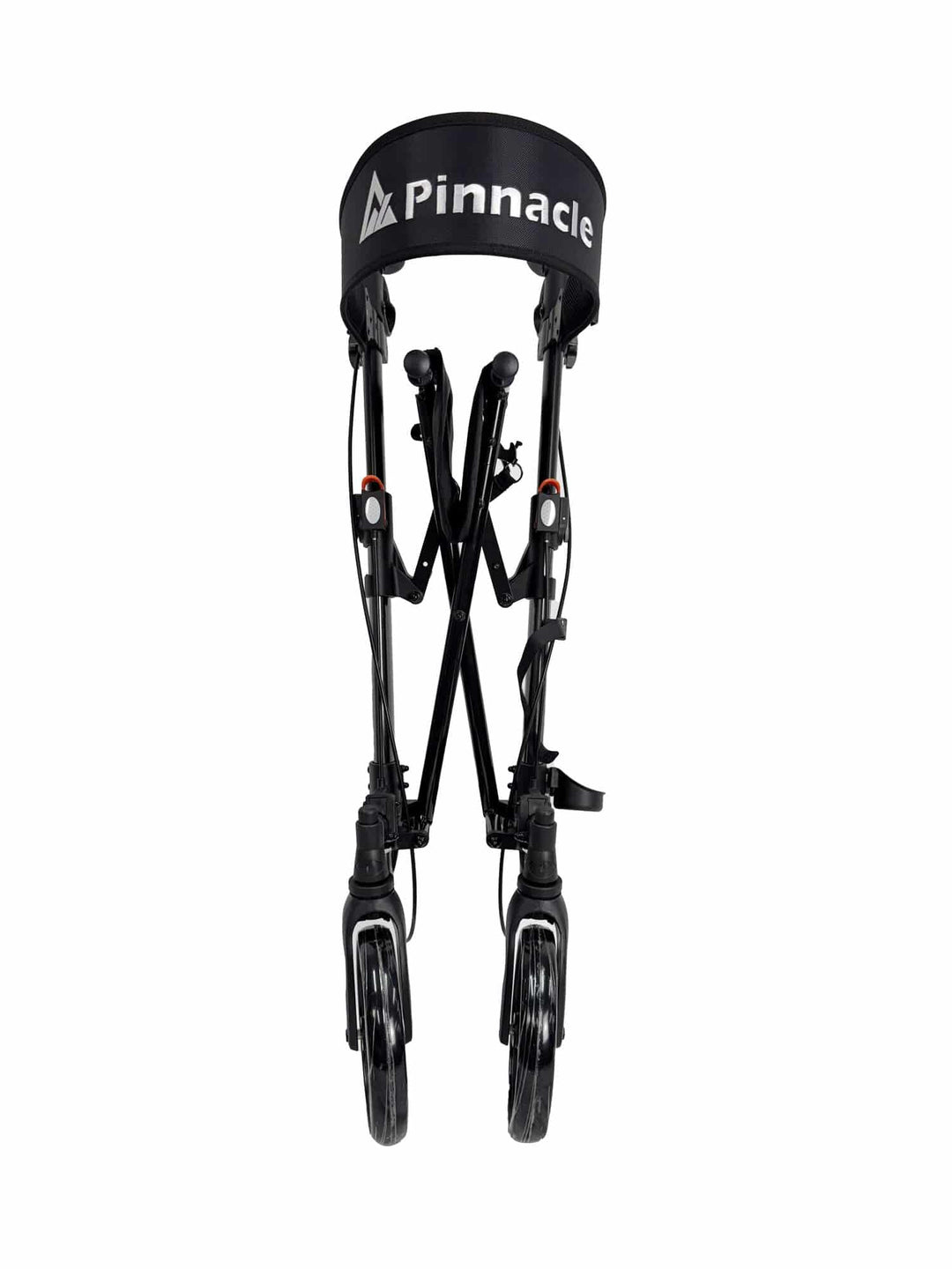 Pinnacle Steadystep double fold rollator in black, showcasing its lightweight frame and ergonomic handles for mobility assistance.