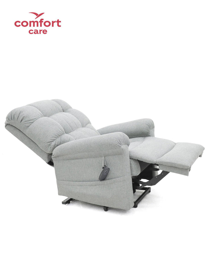 Pinnacle Comfort Care Cloud 2 motor power lift recliner with plush cushioning and wooden armrests, in a neutral fabric finish.
