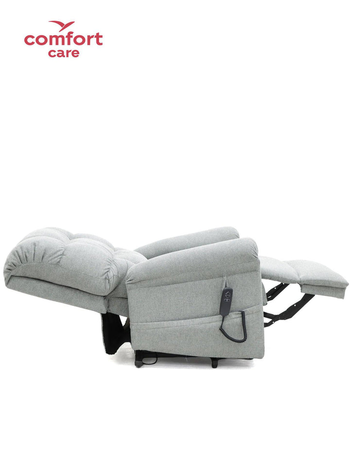 Pinnacle Comfort Care Cloud 2 motor power lift recliner with plush fabric and padded armrests, designed for easy reclining and support.