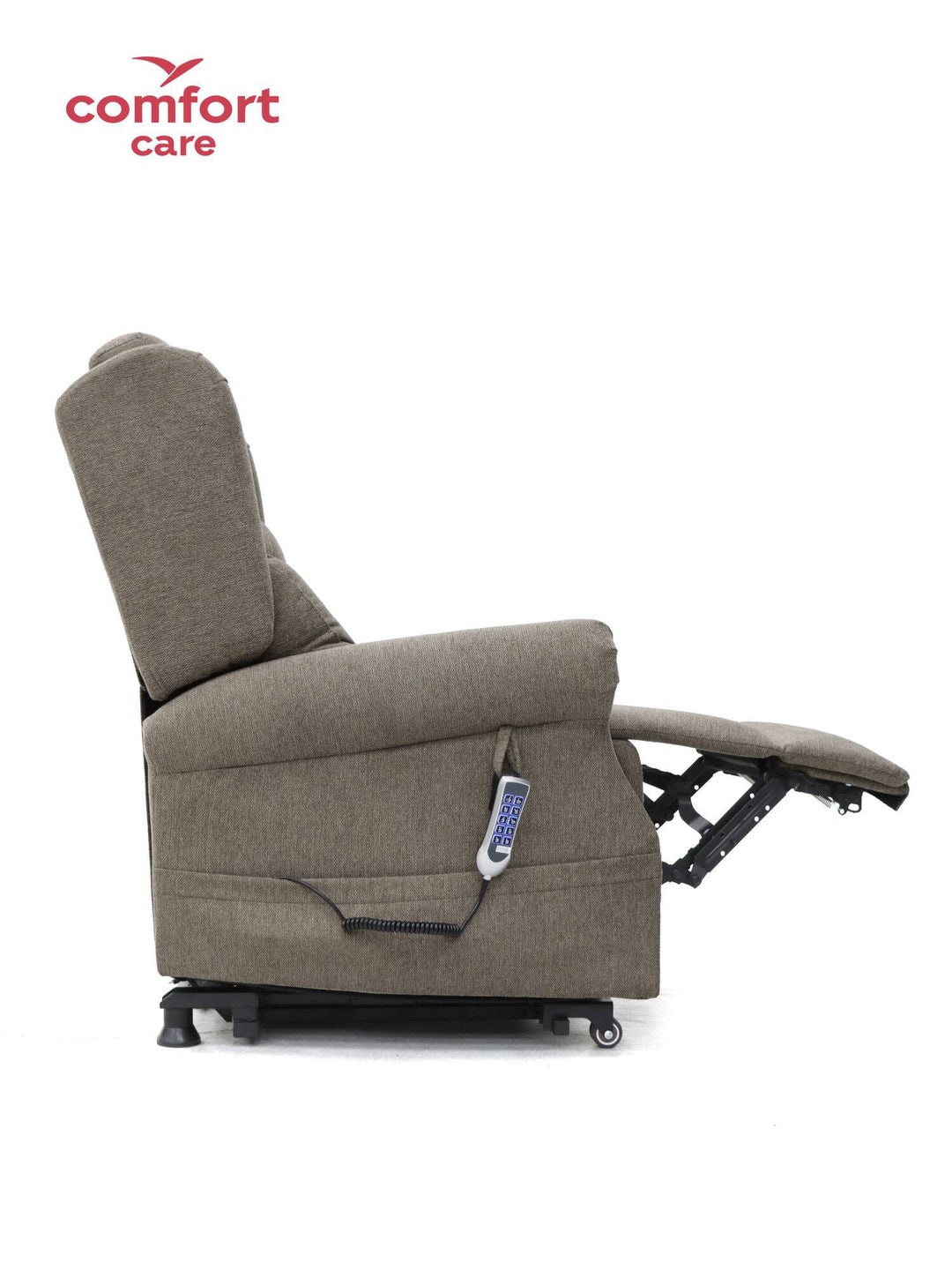 Pinnacle Comfort Care One power lift recliner with five motors in a cozy living room setting, showcasing its plush upholstery.