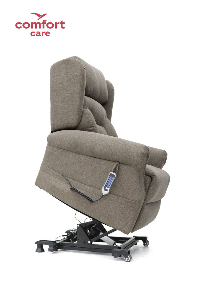 Pinnacle Comfort Care One 5 Motor Power Lift Recliner in a cozy living room setting with soft upholstery and adjustable features.