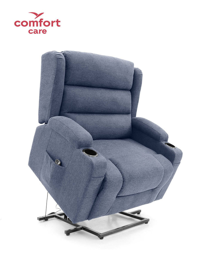 Deep blue Pinnacle Comfort Care Vigo Max 2 motor power lift recliner with plush upholstery and ergonomic design.