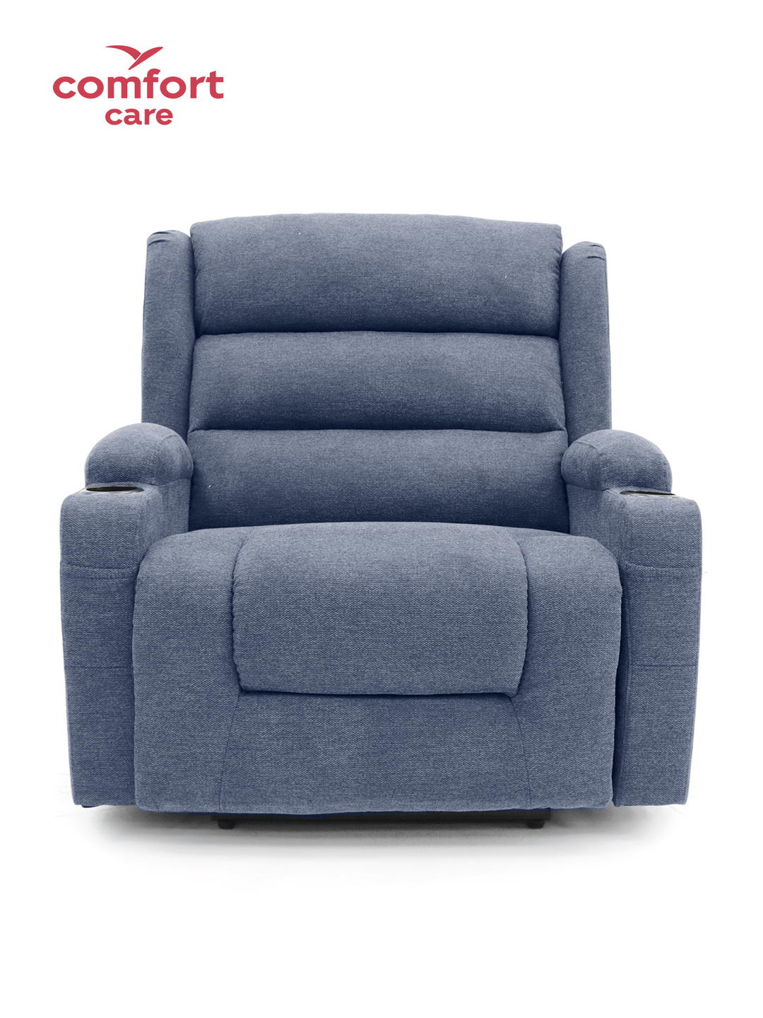 Deep blue Pinnacle Comfort Care Vigo Max 2 motor power lift recliner, showcasing plush upholstery and ergonomic design.