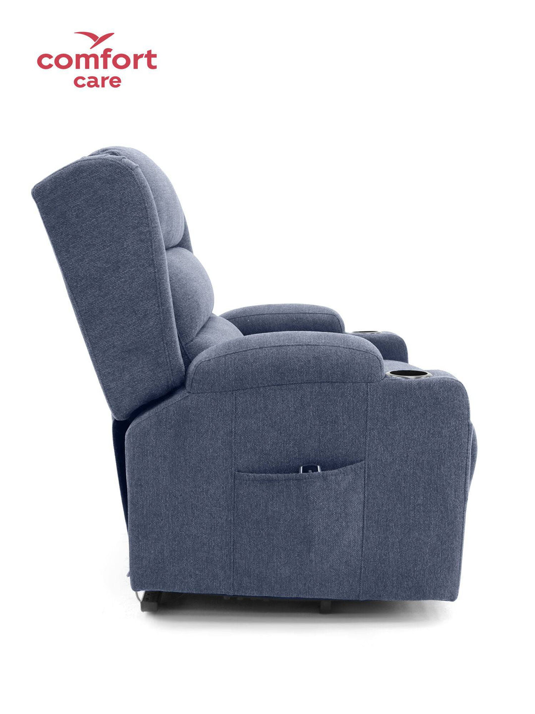 Deep blue Pinnacle Comfort Care Vigo Max 2 motor power lift recliner showcasing its plush upholstery and ergonomic design.