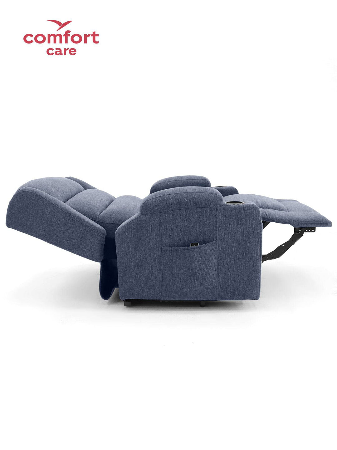 Pinnacle Comfort Care Vigo Max 2 motor power lift recliner in deep blue, showcasing plush upholstery and ergonomic design.