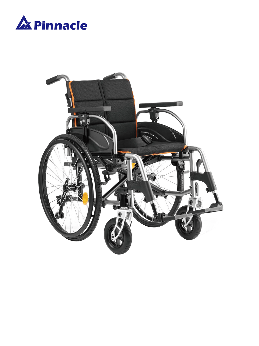 Pinnacle Ultraroll Pro self-propelling wheelchair with sleek design and durable wheels, showcasing mobility features.