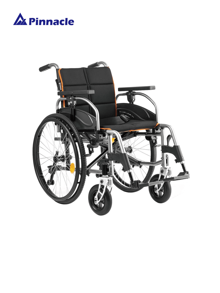 Pinnacle Ultraroll Pro self-propelling wheelchair with sleek design and durable wheels, showcasing mobility features.