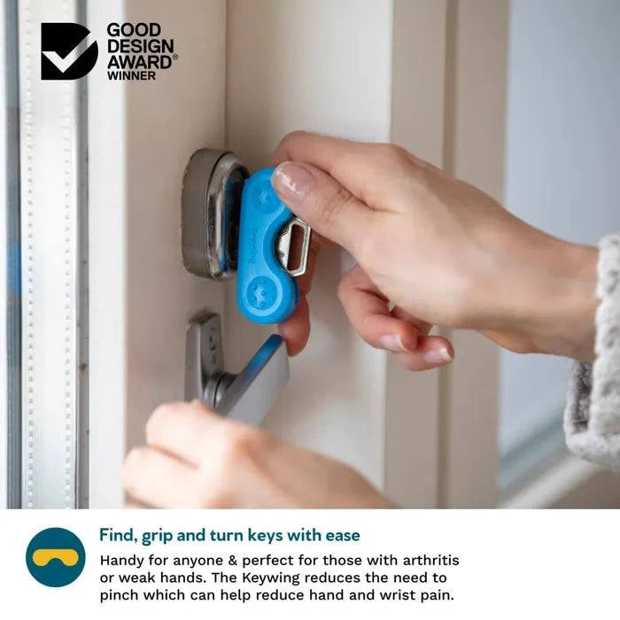 Blue and white Dext Keywing Key Turner accessory by Performance Health, designed to help turn keys easily for arthritis sufferers.