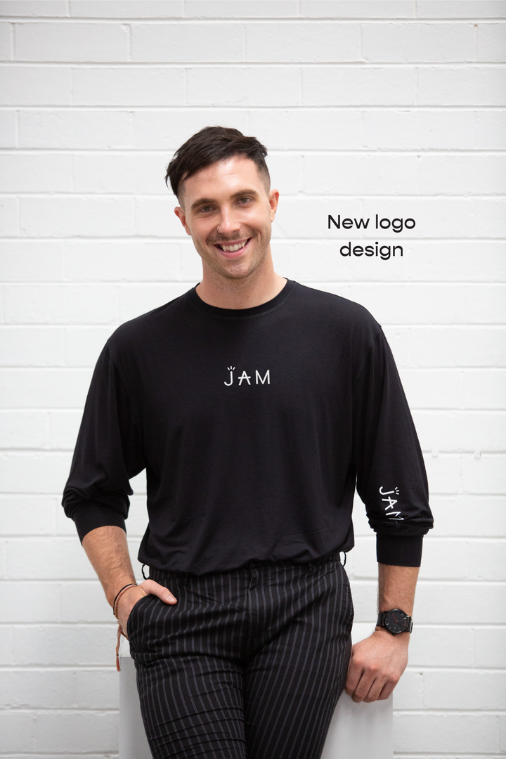 JAM the Label crew long sleeve shirt in a soft fabric, featuring a relaxed fit and stylish design in a neutral color.