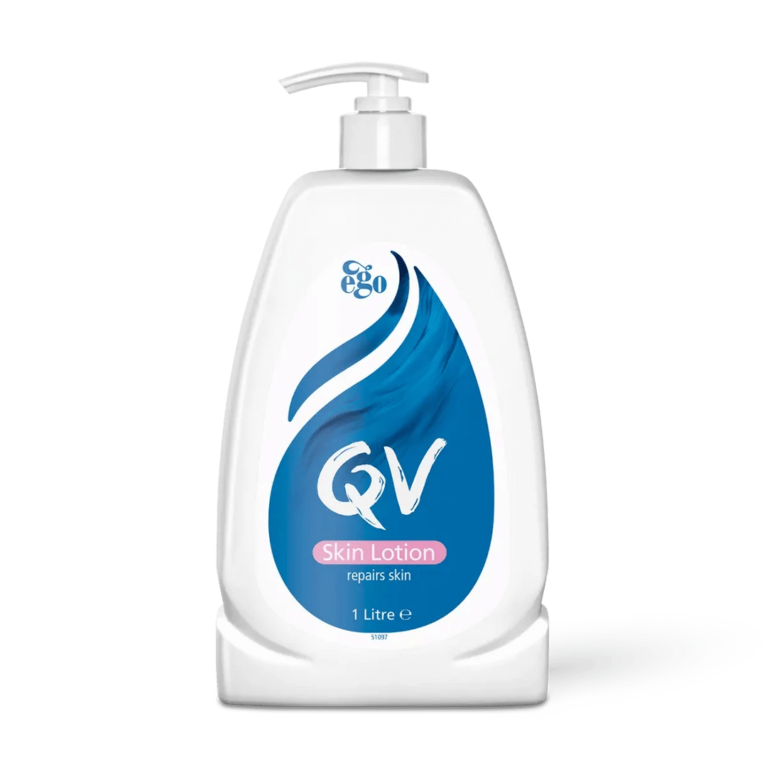 Ego QV Skin Lotion for skincare, showing a bottle of QV lotion with a clean, minimalist label on a white background.
