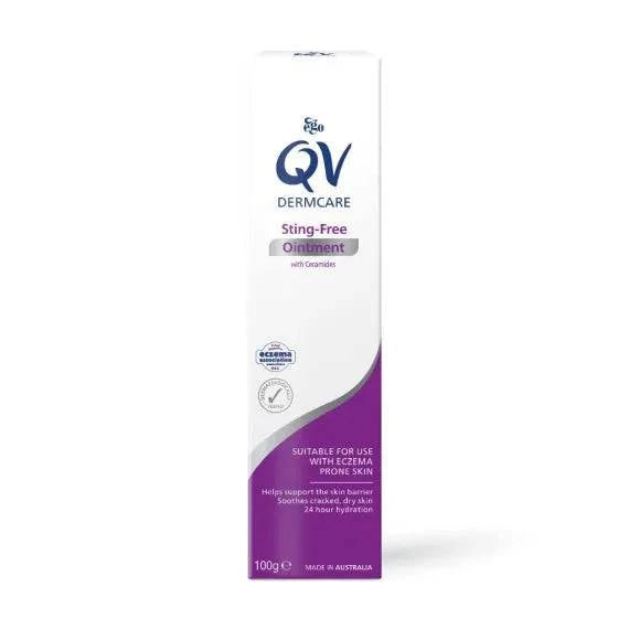 Ego Qv Dermcare Sting Free Ointment 100g in a carton box, designed for soothing skin discomfort and irritation.