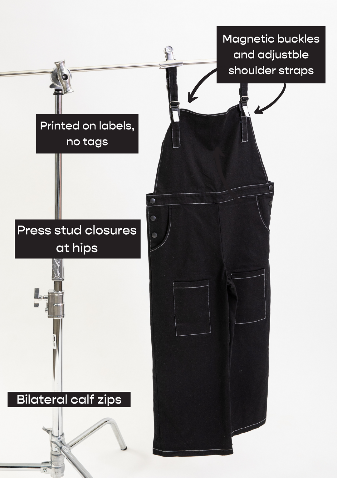 JAM the Label magnetic buckle overalls, stylish clothing with adjustable straps and front pockets, worn as casual fashion.