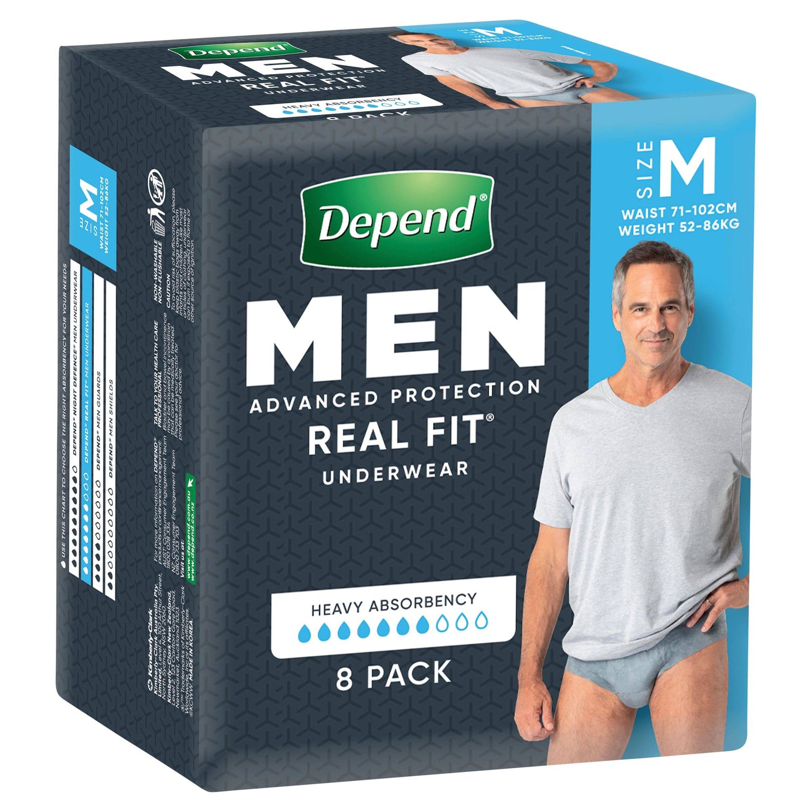 Depend Real Fit men's underwear in heavy absorbency, featuring a comfortable fit and discreet design for continence support.