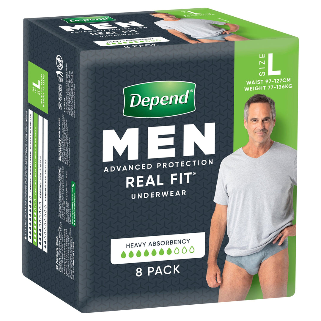 Depend Real Fit Men's Underwear in front view, showcasing heavy absorbency for continence support.