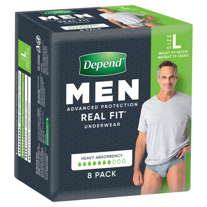 Depend Real Fit Men's Underwear in front view, showcasing heavy absorbency for continence support.