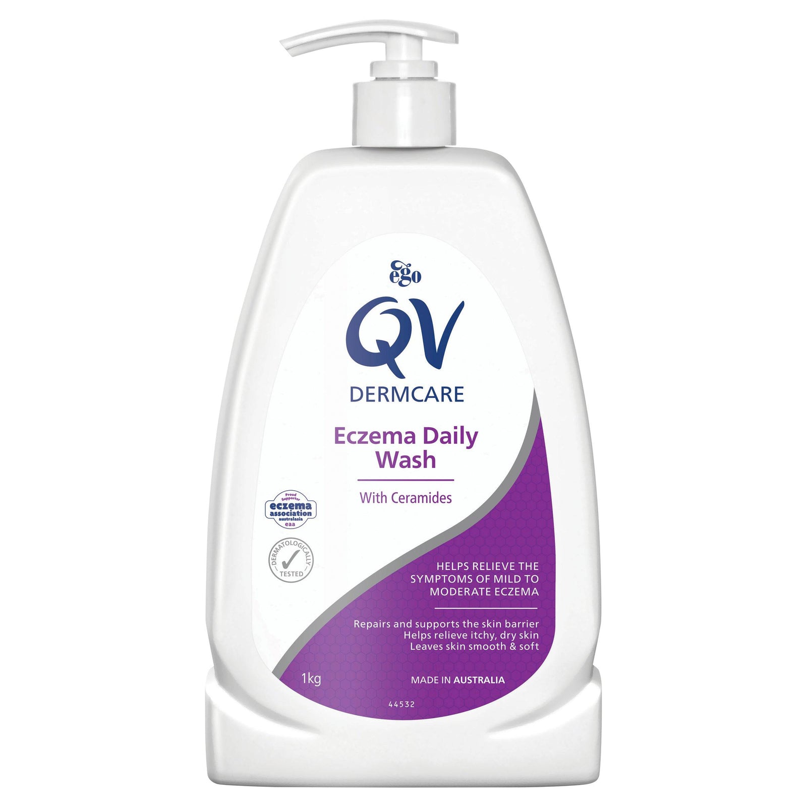 QV Dermcare Eczema Daily Wash 1kg bottle from Ego, featuring a front view with clear labeling and a sleek design.