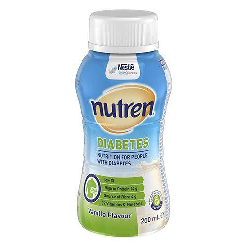 Nestlé NUTREN Diabetes ready-to-drink nutrition bottles in vanilla flavor, 200mL each, packed in a box of 24.