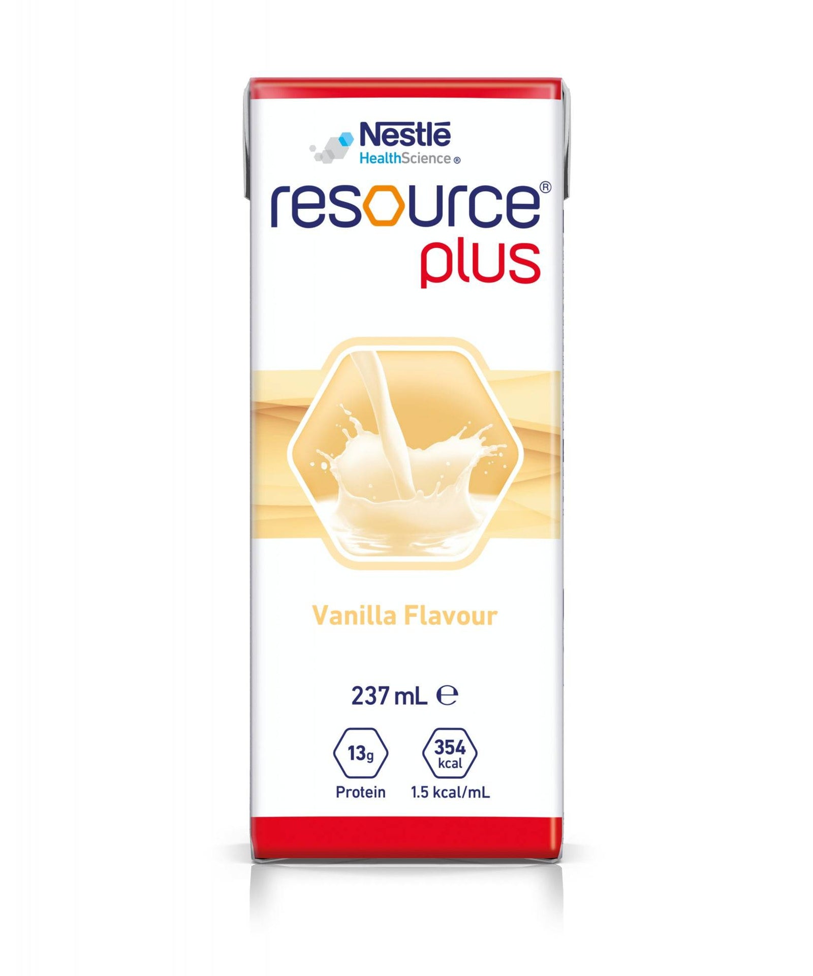 Nestlé Resource Plus Vanilla nutrition drink cartons, 237mL, 24-pack, featuring a creamy vanilla flavor.