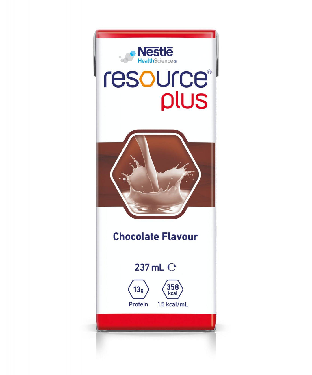 Nestlé Resource Plus Chocolate nutrition drink in 237mL cartons, featuring a brown and white design with chocolate flavor.