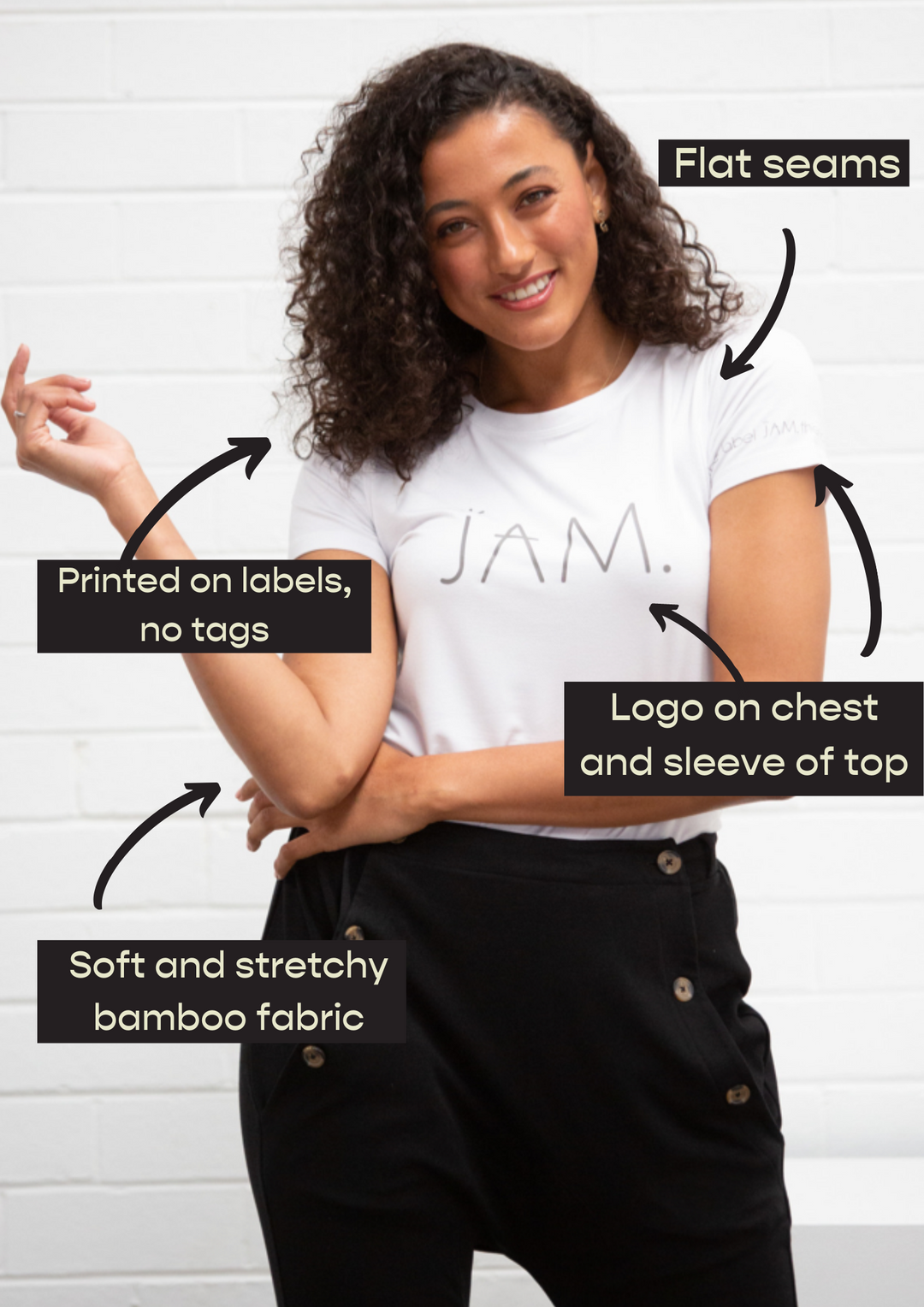 JAM the Label Original Tee, a casual cotton t-shirt in neutral color with the brand logo on the front, displayed flat.