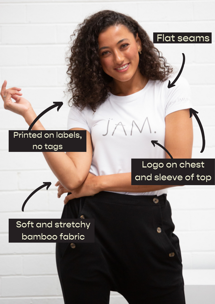 JAM the Label Original Tee, a casual cotton t-shirt in neutral color with the brand logo on the front, displayed flat.