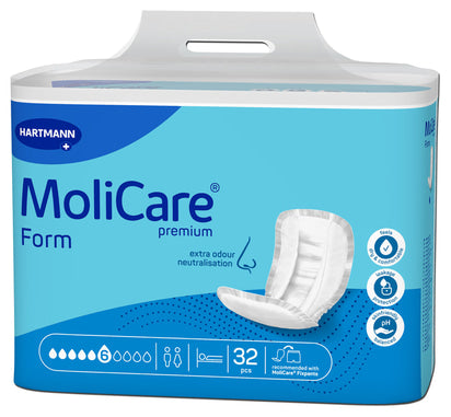 MoliCare Premium Form continence products in a pack, showcasing absorbent material and secure fit design.