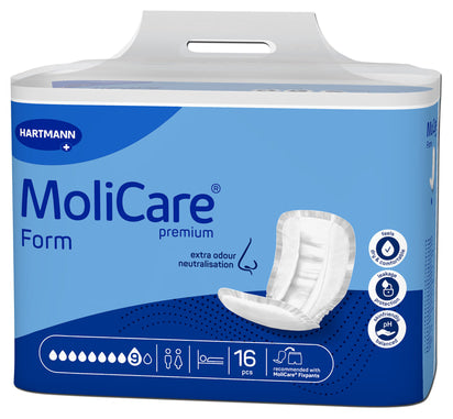 MoliCare Premium Form continence product in packaging, showcasing absorbent material and secure fit for comfort.