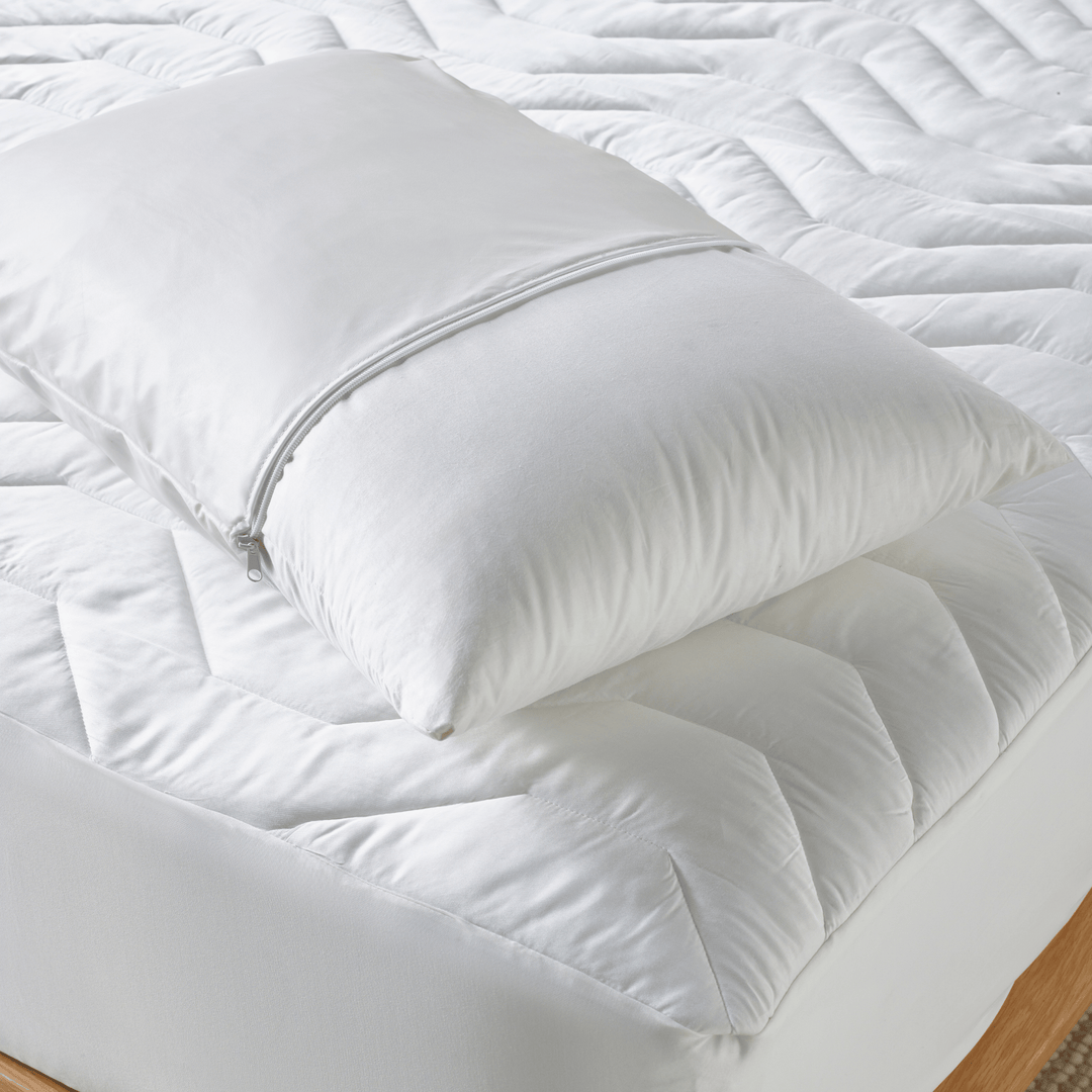 Staydry DuraTherme waterproof pillow protector in white Manchester fabric, showing smooth, fitted design with sealed edges.