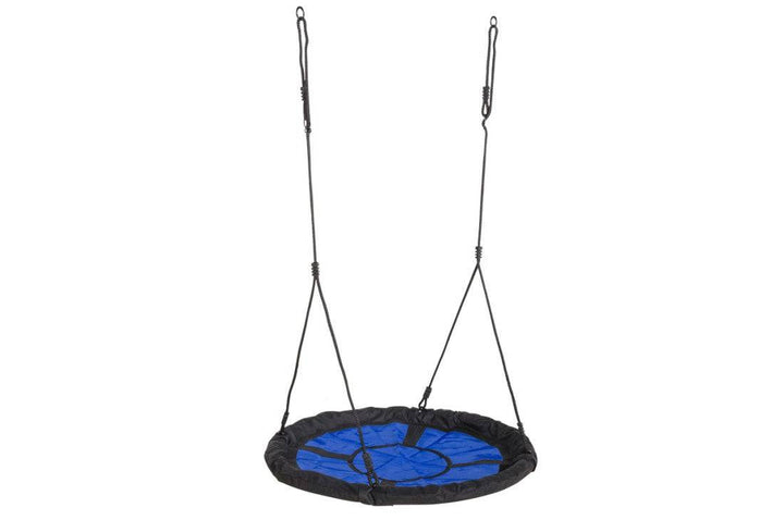 Nest swing 'SWIBEE' in black and blue with adjustable ropes, designed for sensory play and relaxation.