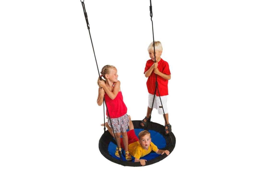 Black and blue Nest Swing 'SWIBEE' with adjustable ropes, designed for sensory play and relaxation.