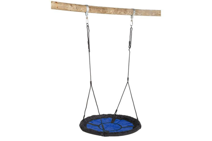 Black and blue Nest Swing 'SWIBEE' with adjustable ropes, designed for sensory play and relaxation.