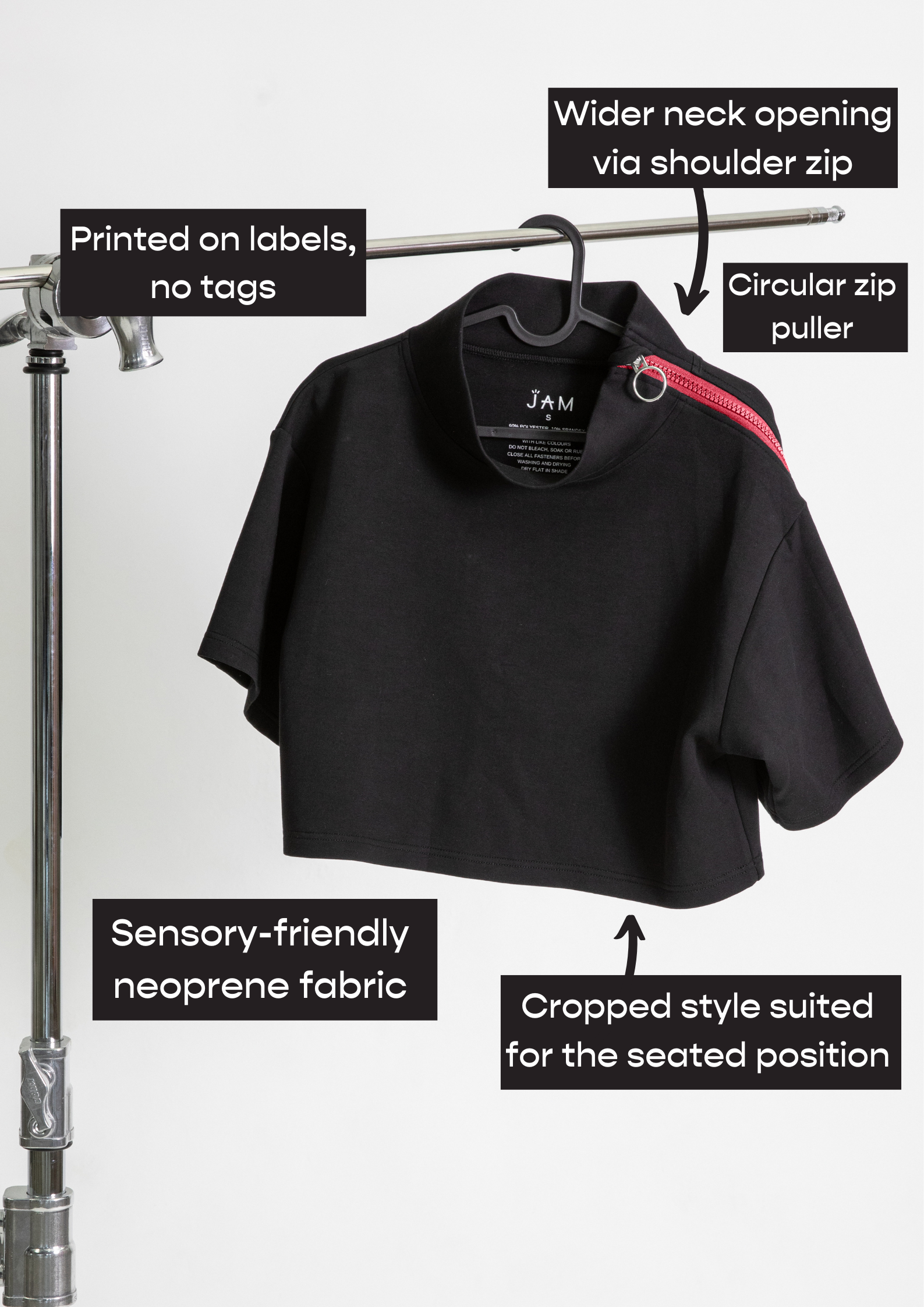 JAM the Label cropped neoprene zip pullover in black, featuring a high neckline and sporty design for casual wear.