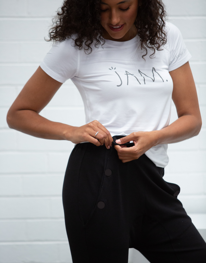 High waisted pant 2.0 by JAM the Label in a stylish design, showcasing fabric texture and tailored fit.