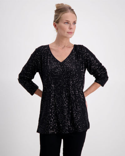 This is a photograph of a woman posing against a white background. She has her hands on her hips, and is looking off to the side . Her blonde hair is styled in an up-do, and she is wearing a black sequinned v-neck top with full length sleeves, paired with black sequin pants. The outfit suggests a semi-formal or business casual look, suitable for an evening event or a dressy night out.