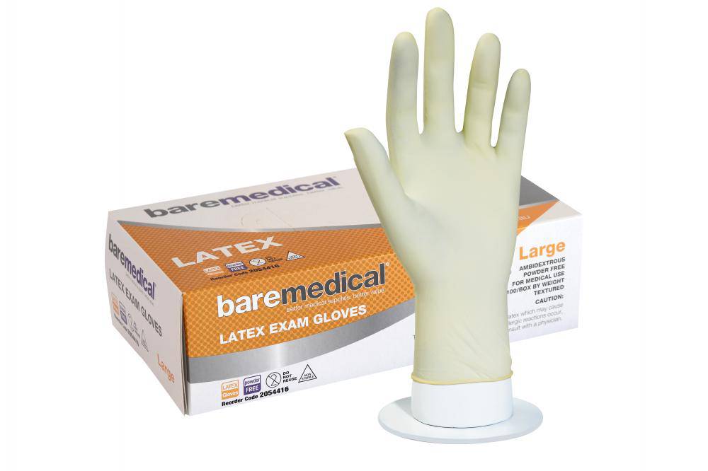 CH2 Bare Medical latex exam gloves for continence care, showcasing their textured surface and snug fit.