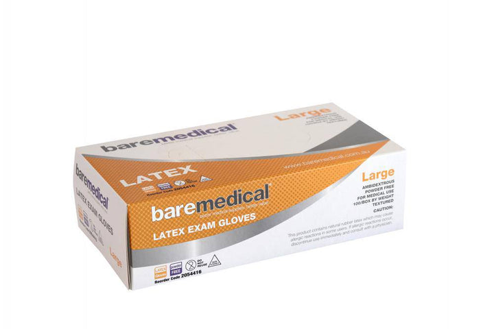Pair of CH2 Bare Medical Latex Exam Gloves for continence, large size, with extended cuffs, shown in a pack of two.