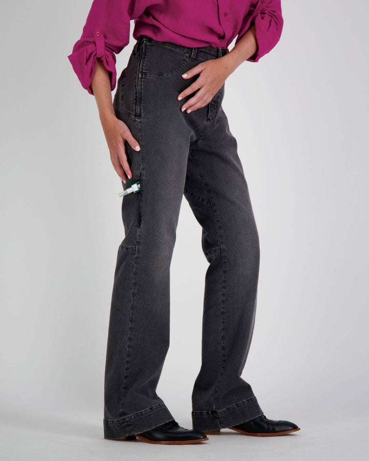 Grey Annie Seated Jeans by Christina Stephens, designed for female wheelchair users with 2 & 3 access points.