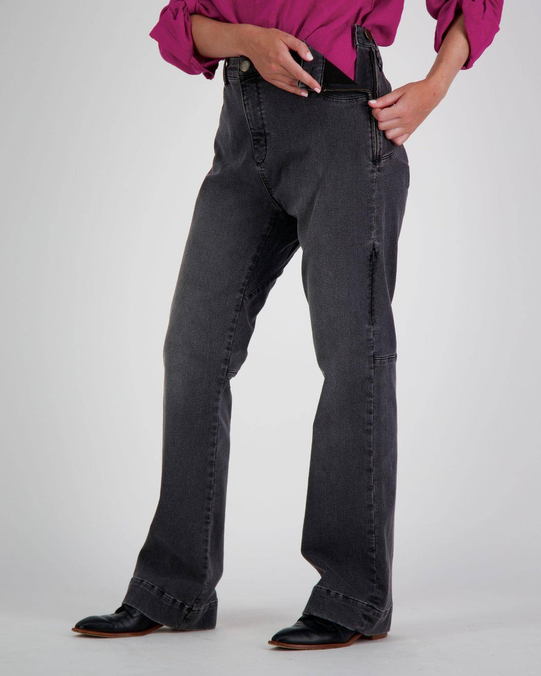 Grey Annie Seated Jeans by Christina Stephens designed for female wheelchair users with 2 & 3 access points.