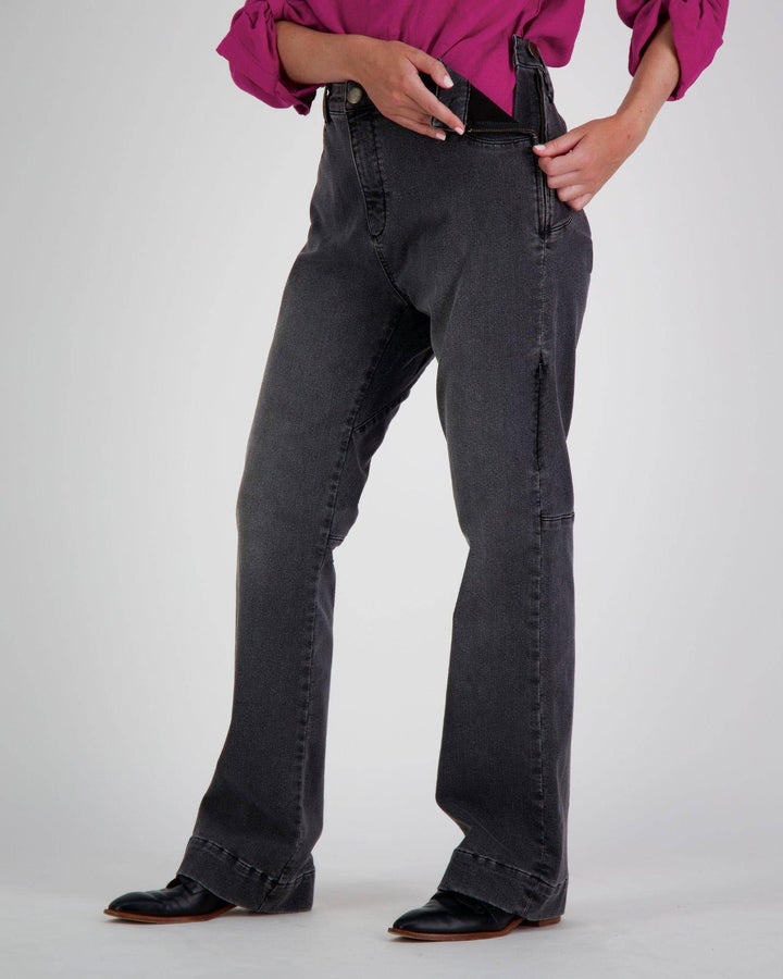 Grey Annie Seated Jeans by Christina Stephens designed for female wheelchair users with 2 & 3 access points.