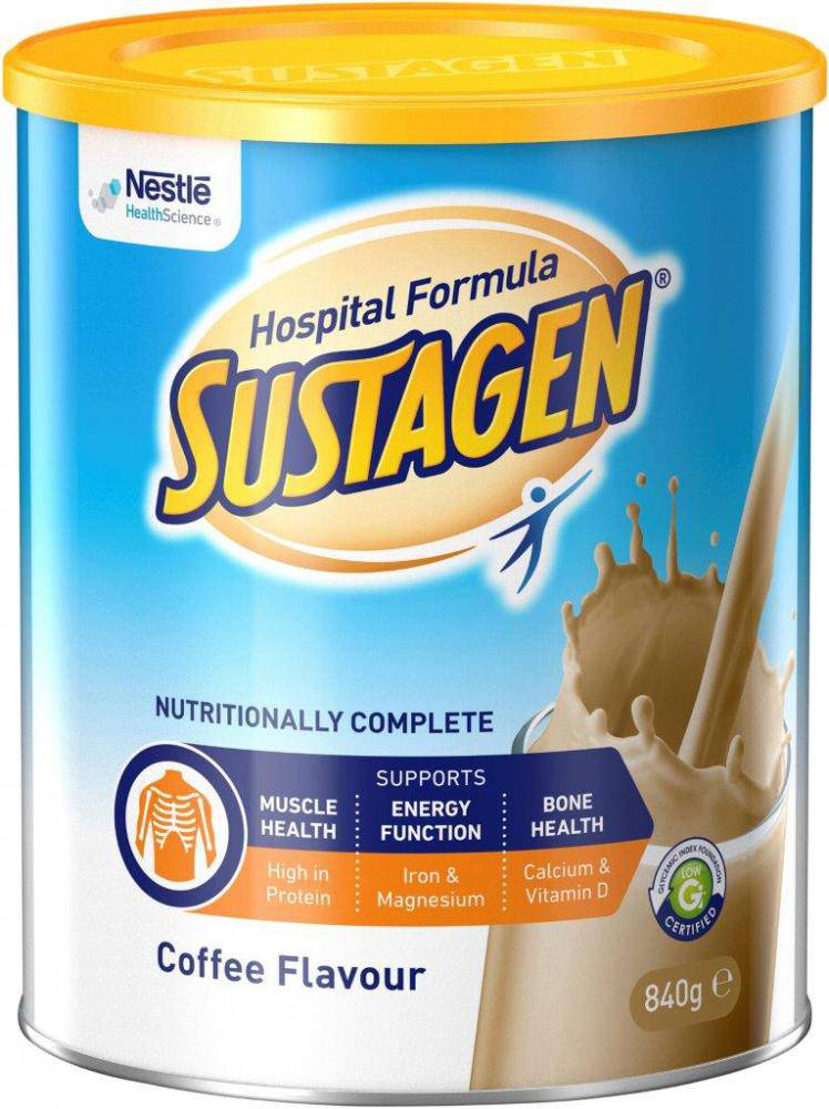 Nestlé Sustagen Hospital Formula Coffee nutrition supplement in 840g container by CH2, showing the product packaging.