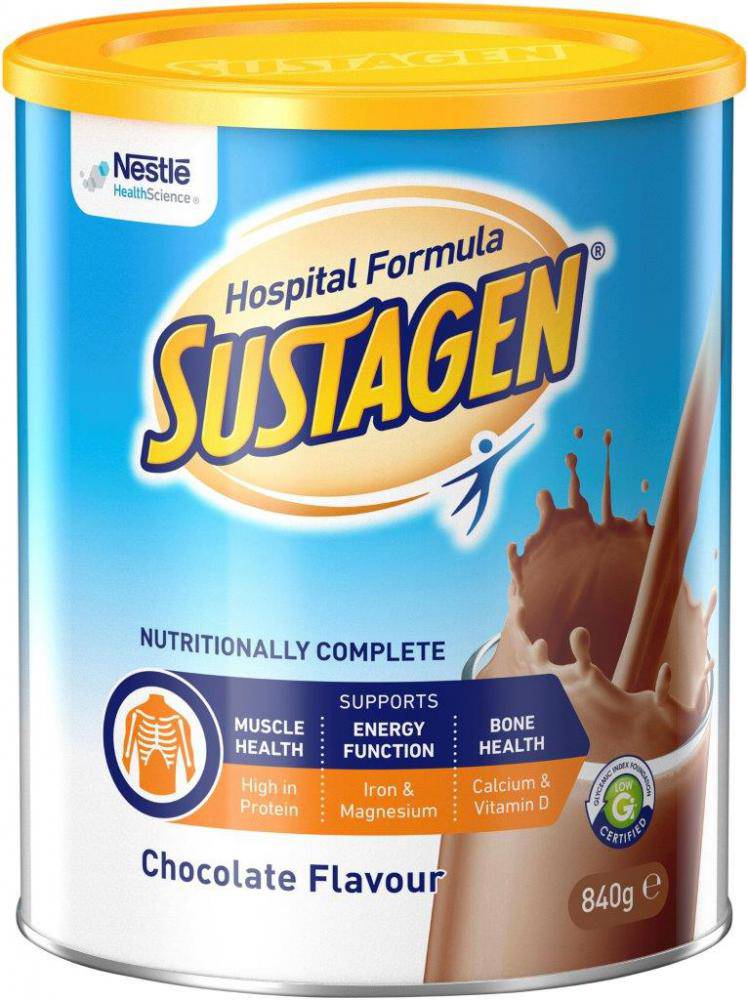 Nestlé Sustagen Hospital Formula 840g in chocolate flavor, showcasing the packaging and nutritional information.