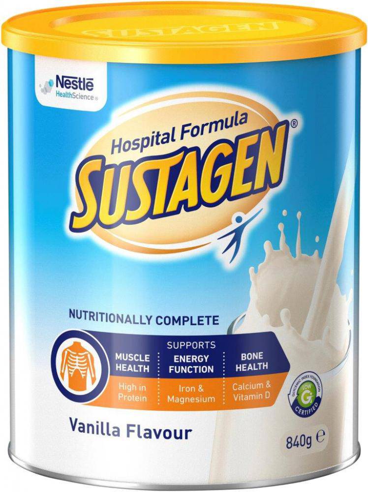 Nestlé Sustagen Hospital Formula 840g in vanilla flavor, showcasing packaging with clear nutritional information.