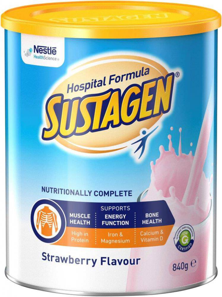 CH2 Nestlé Sustagen Hospital Formula Strawberry nutrition powder in a 840g container, designed for medical dietary use.