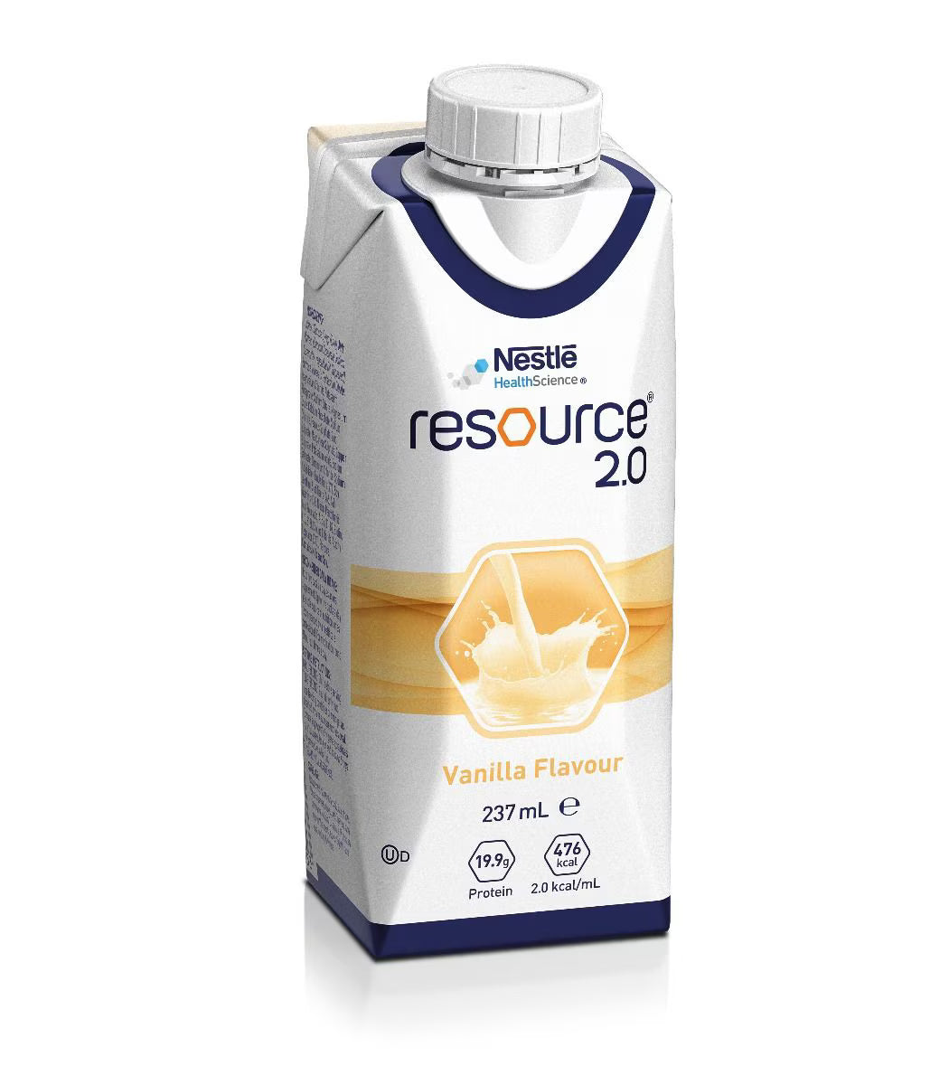 Nestlé Resource 2.0 Vanilla nutrition drink in 237mL bottles, featuring a 3D front view of the packaging.